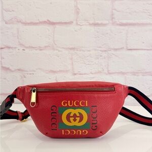 Gucci Small Logo Print Red Leather Fanny Waist Belt Bag